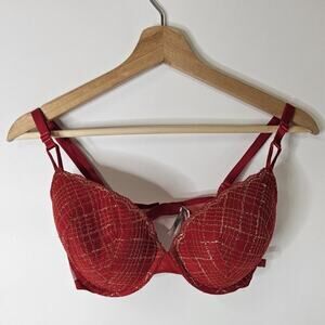 Victoria's Secret Push Up Bra Women's Size 34DD Red Gold Lace Striped